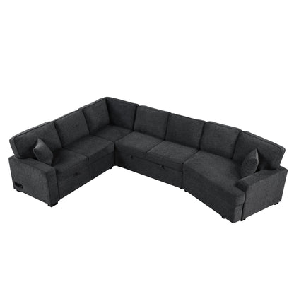 Canapé sectionnel moderne en L avec lit gigogne, ports USB et tables rabattables pour porte-gobelets pour salon