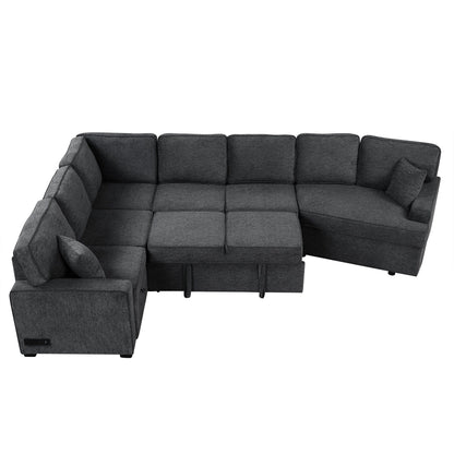 Canapé sectionnel moderne en L avec lit gigogne, ports USB et tables rabattables pour porte-gobelets pour salon
