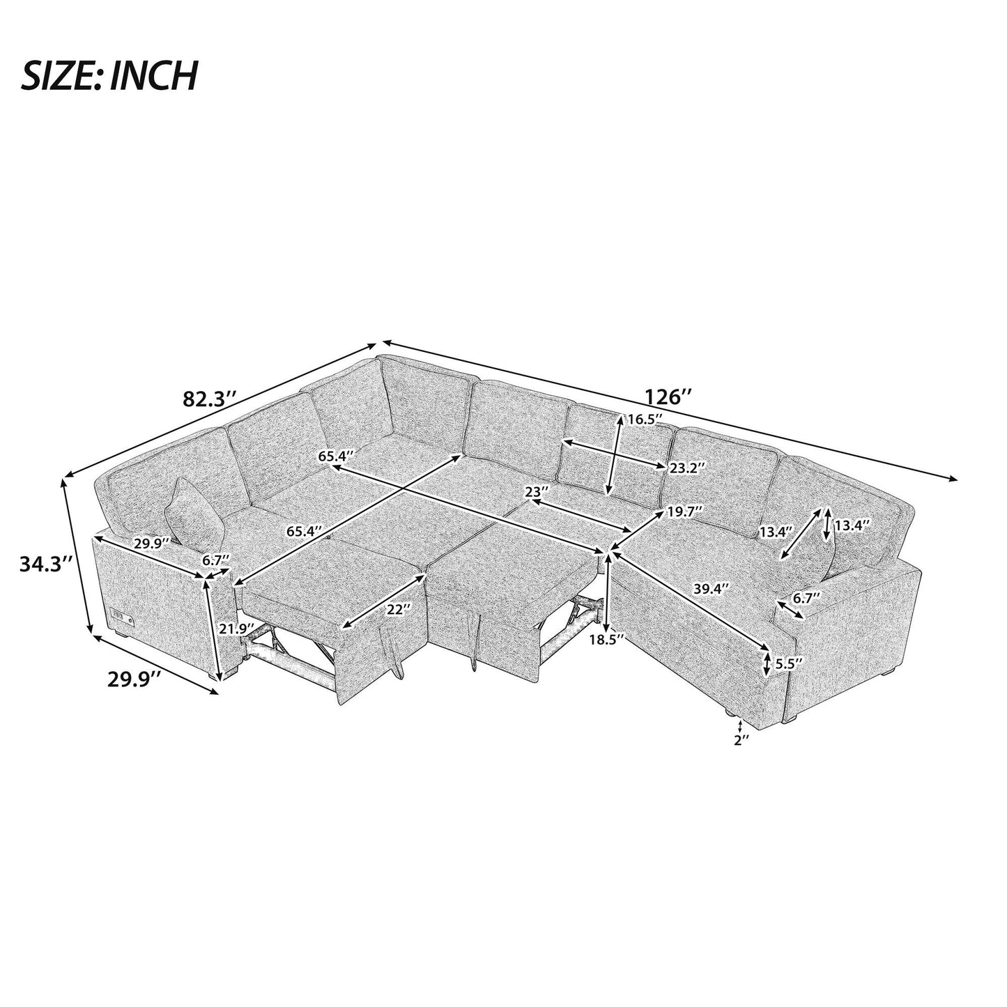 Canapé sectionnel moderne en L avec lit gigogne, ports USB et tables rabattables pour porte-gobelets pour salon