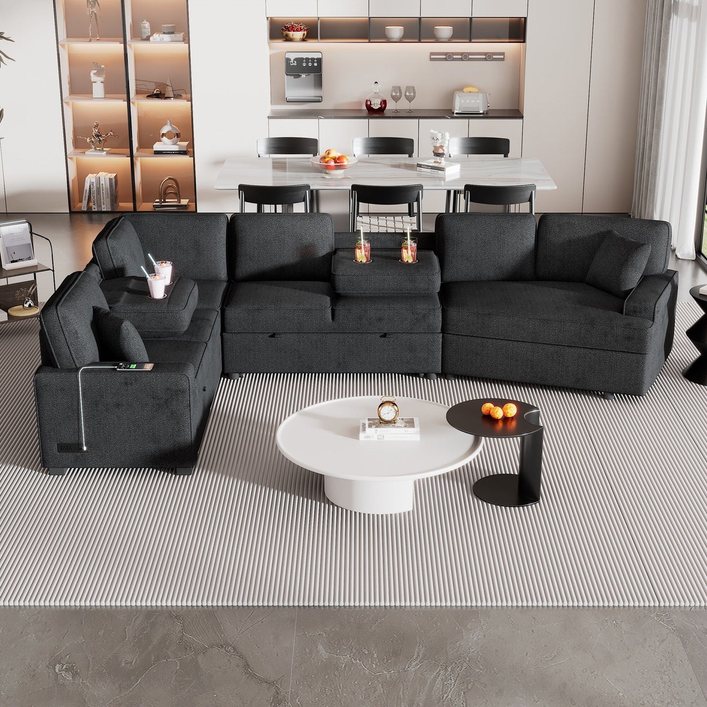 Canapé sectionnel moderne en L avec lit gigogne, ports USB et tables rabattables pour porte-gobelets pour salon