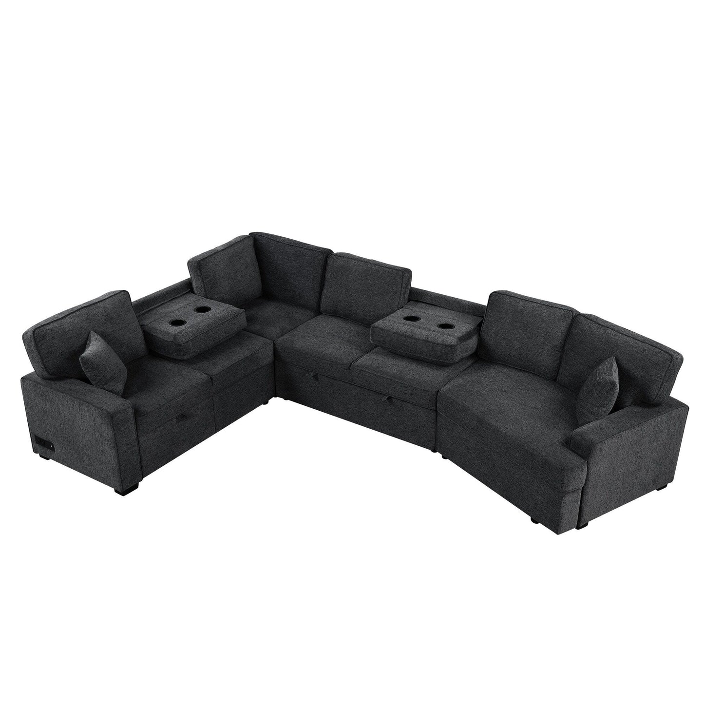 Canapé sectionnel moderne en L avec lit gigogne, ports USB et tables rabattables pour porte-gobelets pour salon