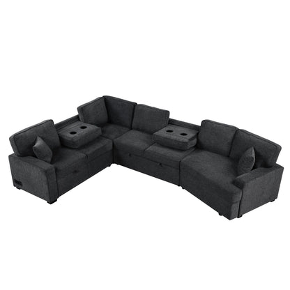 Canapé sectionnel moderne en L avec lit gigogne, ports USB et tables rabattables pour porte-gobelets pour salon