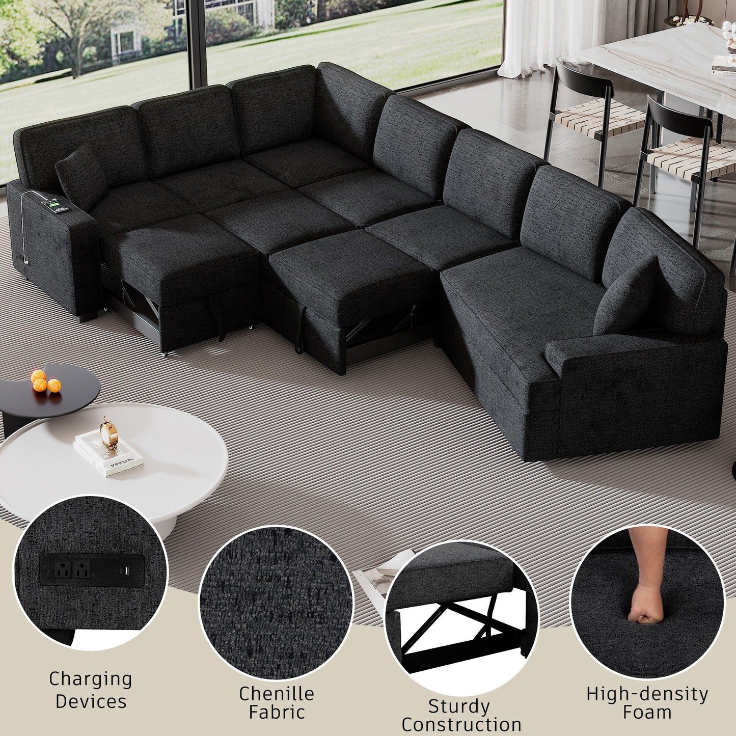 Canapé sectionnel moderne en L avec lit gigogne, ports USB et tables rabattables pour porte-gobelets pour salon