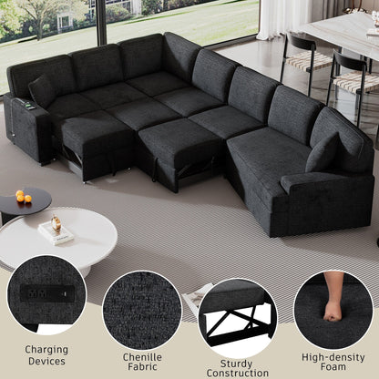 Canapé sectionnel moderne en L avec lit gigogne, ports USB et tables rabattables pour porte-gobelets pour salon