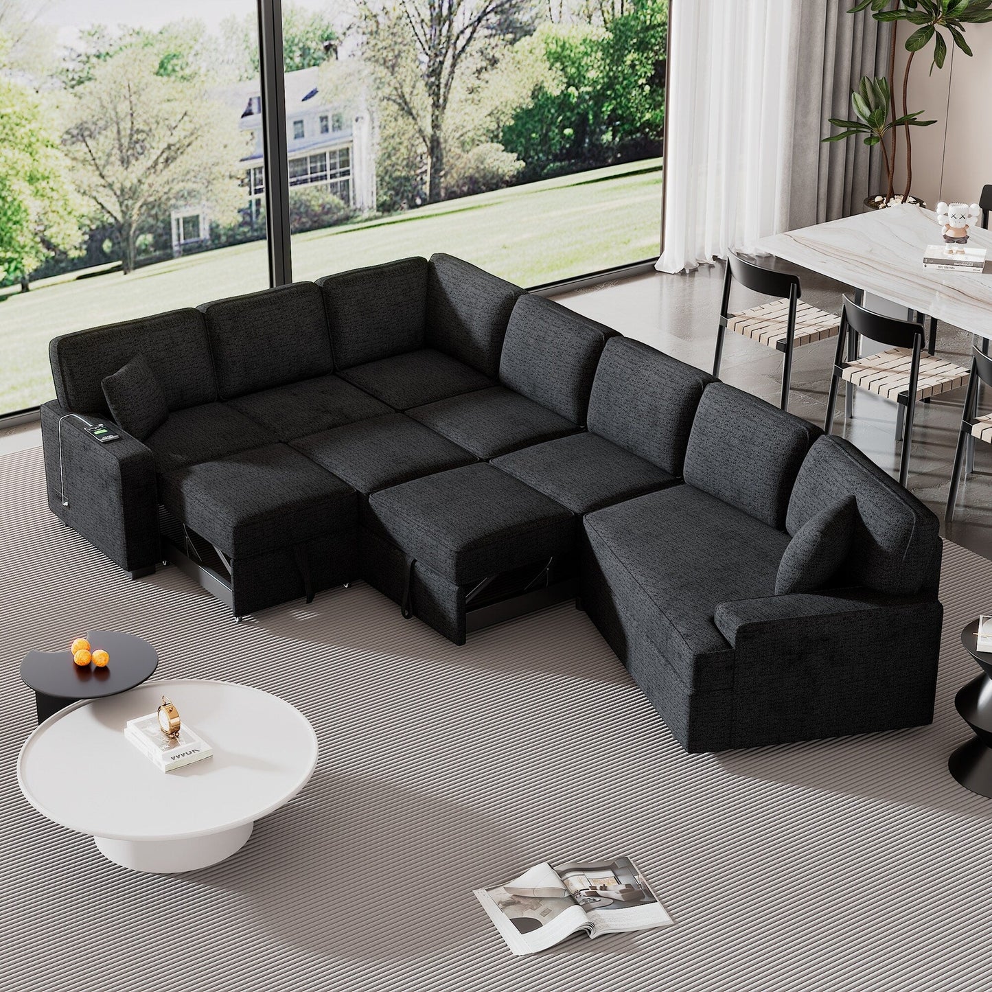 Canapé sectionnel moderne en L avec lit gigogne, ports USB et tables rabattables pour porte-gobelets pour salon