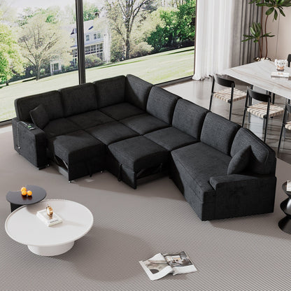 Canapé sectionnel moderne en L avec lit gigogne, ports USB et tables rabattables pour porte-gobelets pour salon