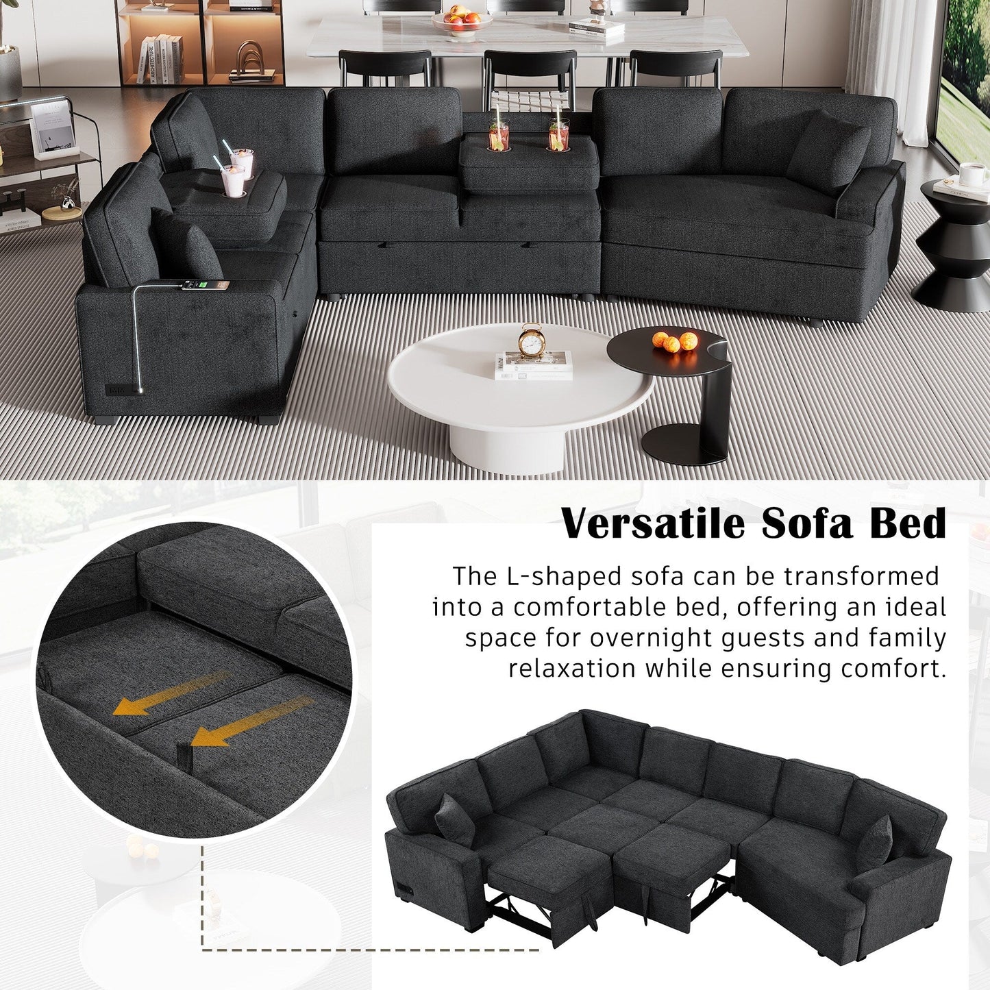 Canapé sectionnel moderne en L avec lit gigogne, ports USB et tables rabattables pour porte-gobelets pour salon