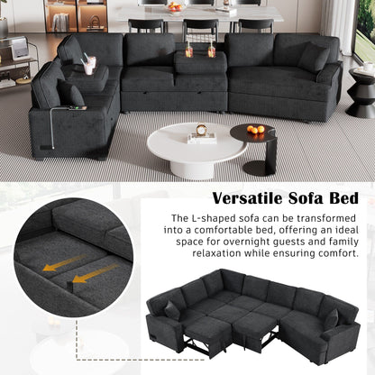 Canapé sectionnel moderne en L avec lit gigogne, ports USB et tables rabattables pour porte-gobelets pour salon