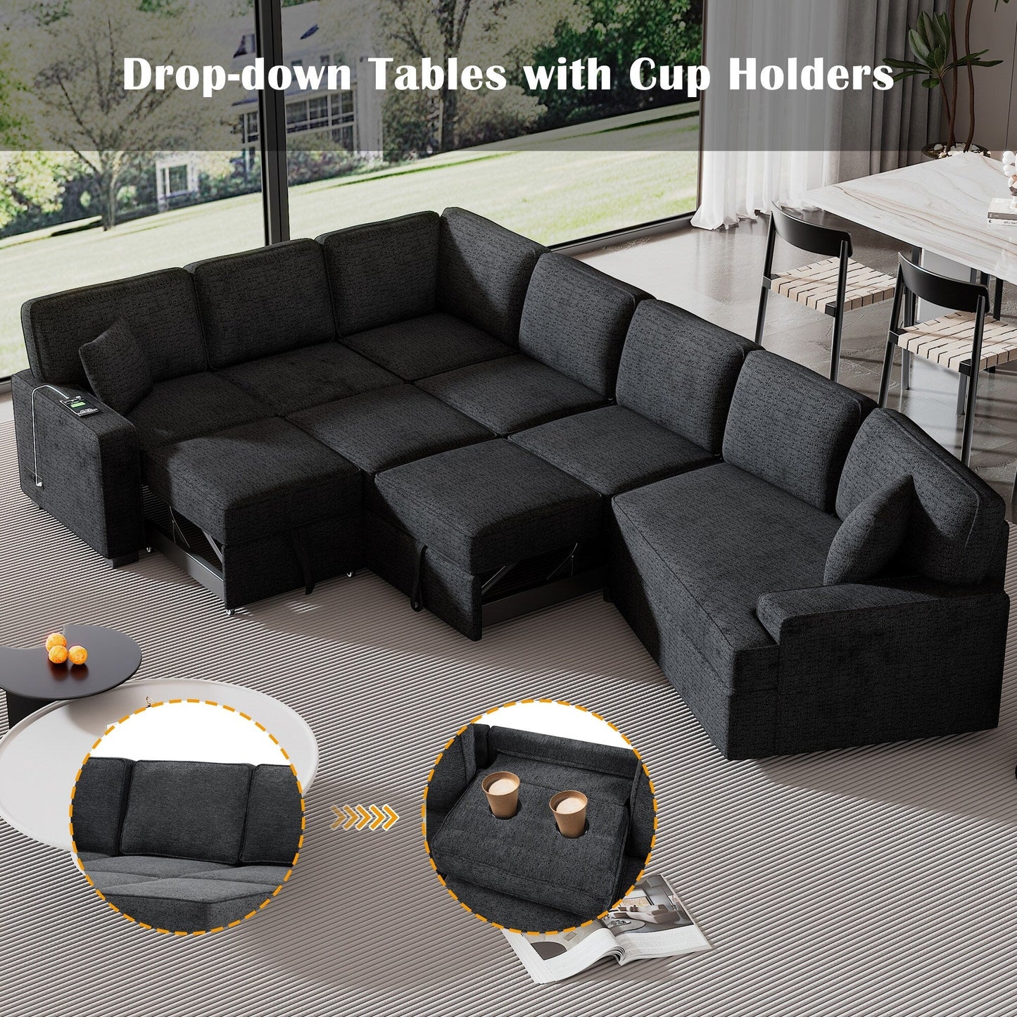 Canapé sectionnel moderne en L avec lit gigogne, ports USB et tables rabattables pour porte-gobelets pour salon