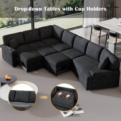 Canapé sectionnel moderne en L avec lit gigogne, ports USB et tables rabattables pour porte-gobelets pour salon