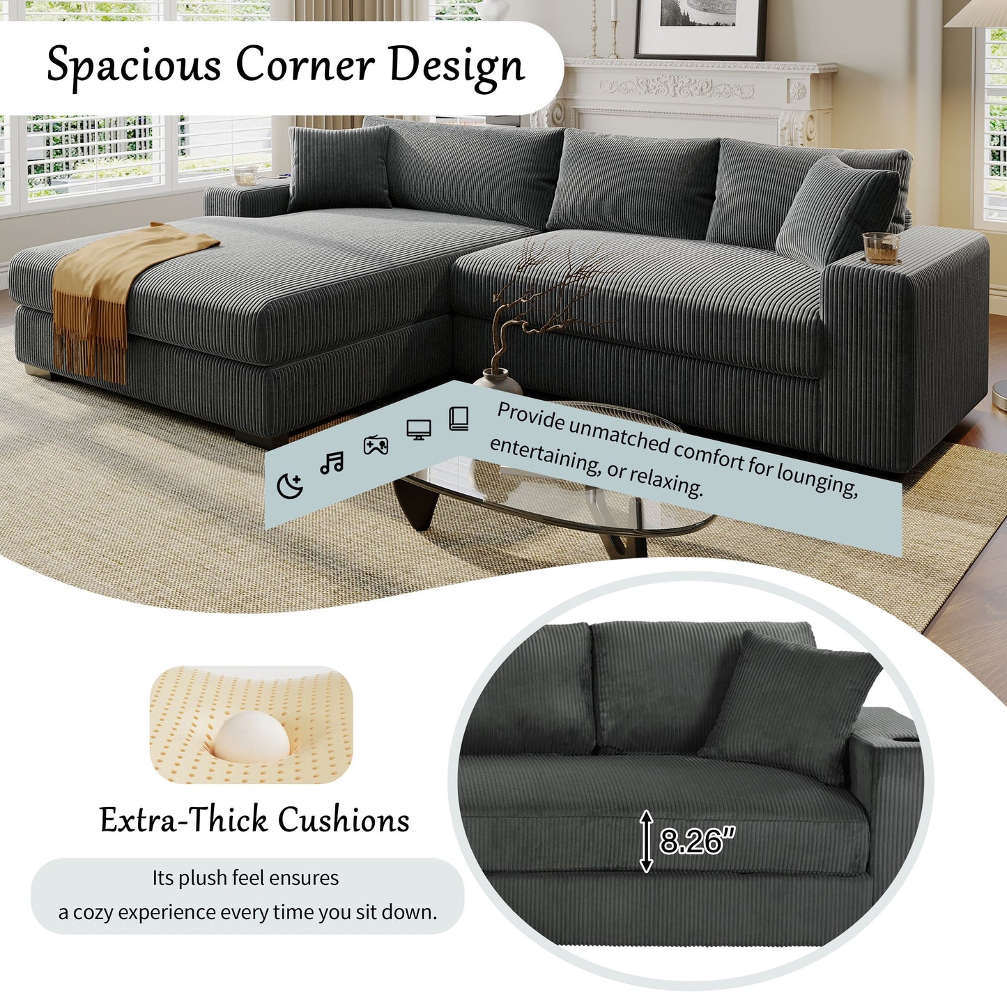 Canapé 3 places moderne et surdimensionné avec porte-gobelets et ports de chargement USB, coussins épais pour le salon
