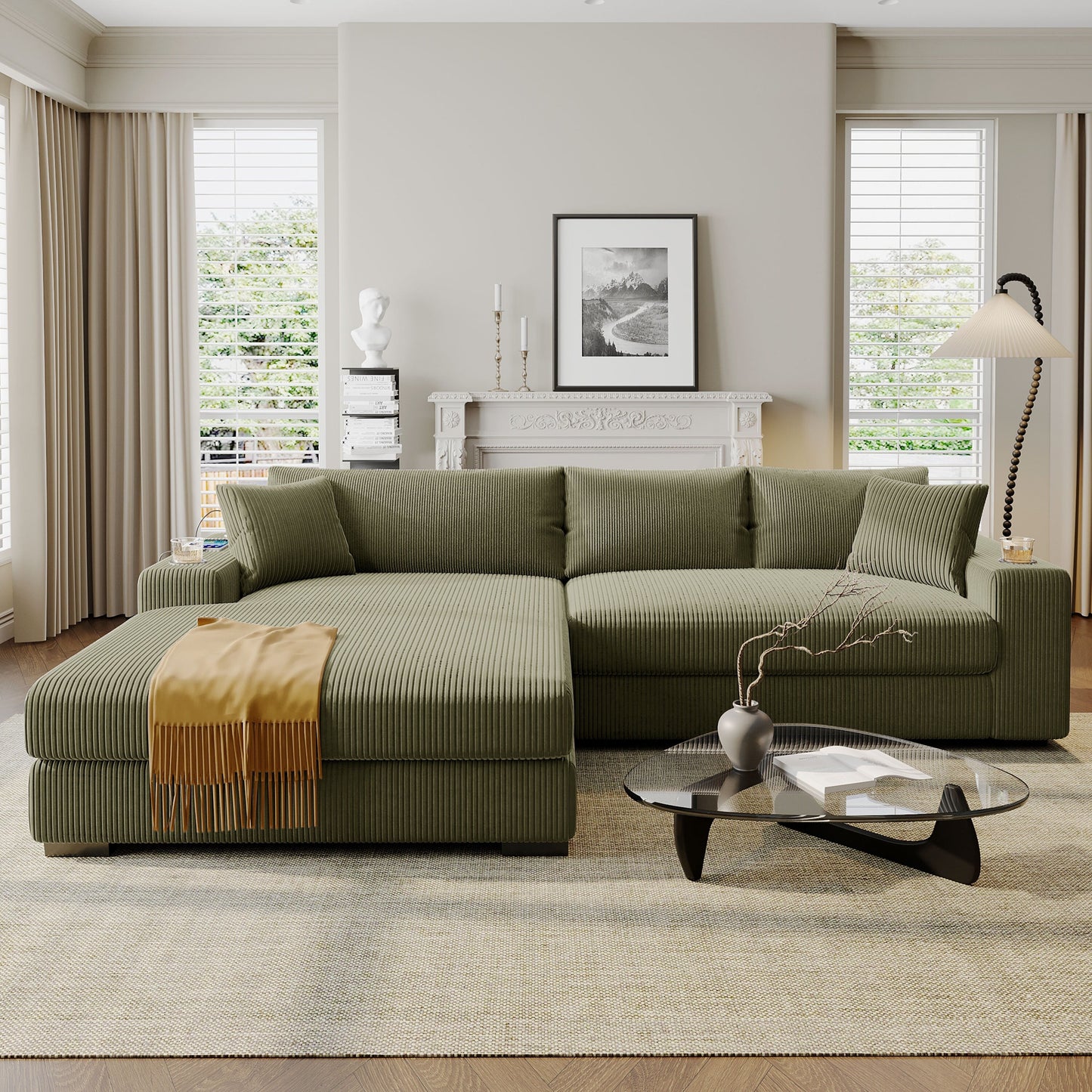 Canapé 3 places moderne et surdimensionné avec porte-gobelets et ports de chargement USB, coussins épais pour le salon