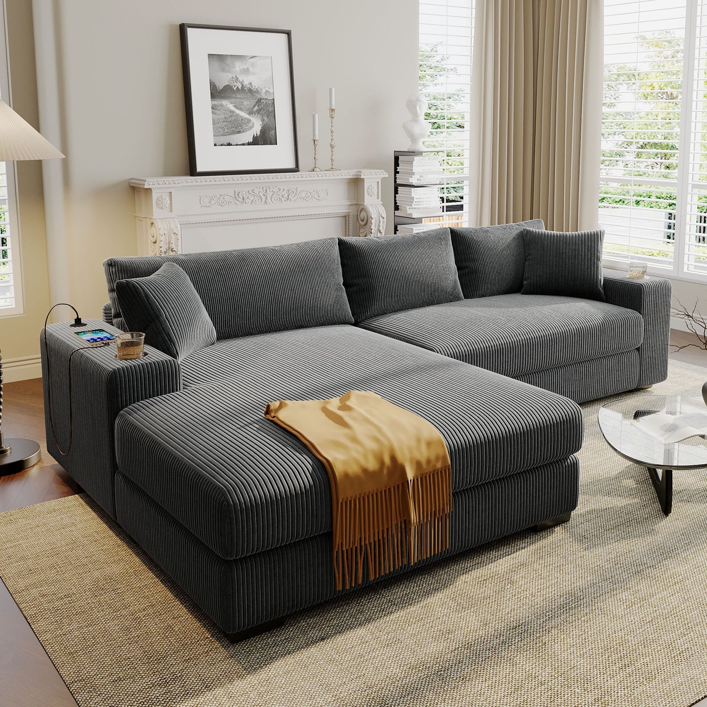 Canapé 3 places moderne et surdimensionné avec porte-gobelets et ports de chargement USB, coussins épais pour le salon