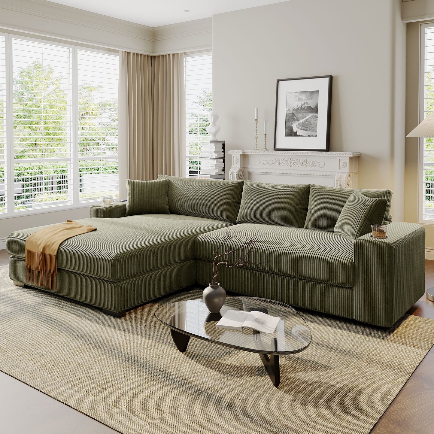 Canapé 3 places moderne et surdimensionné avec porte-gobelets et ports de chargement USB, coussins épais pour le salon