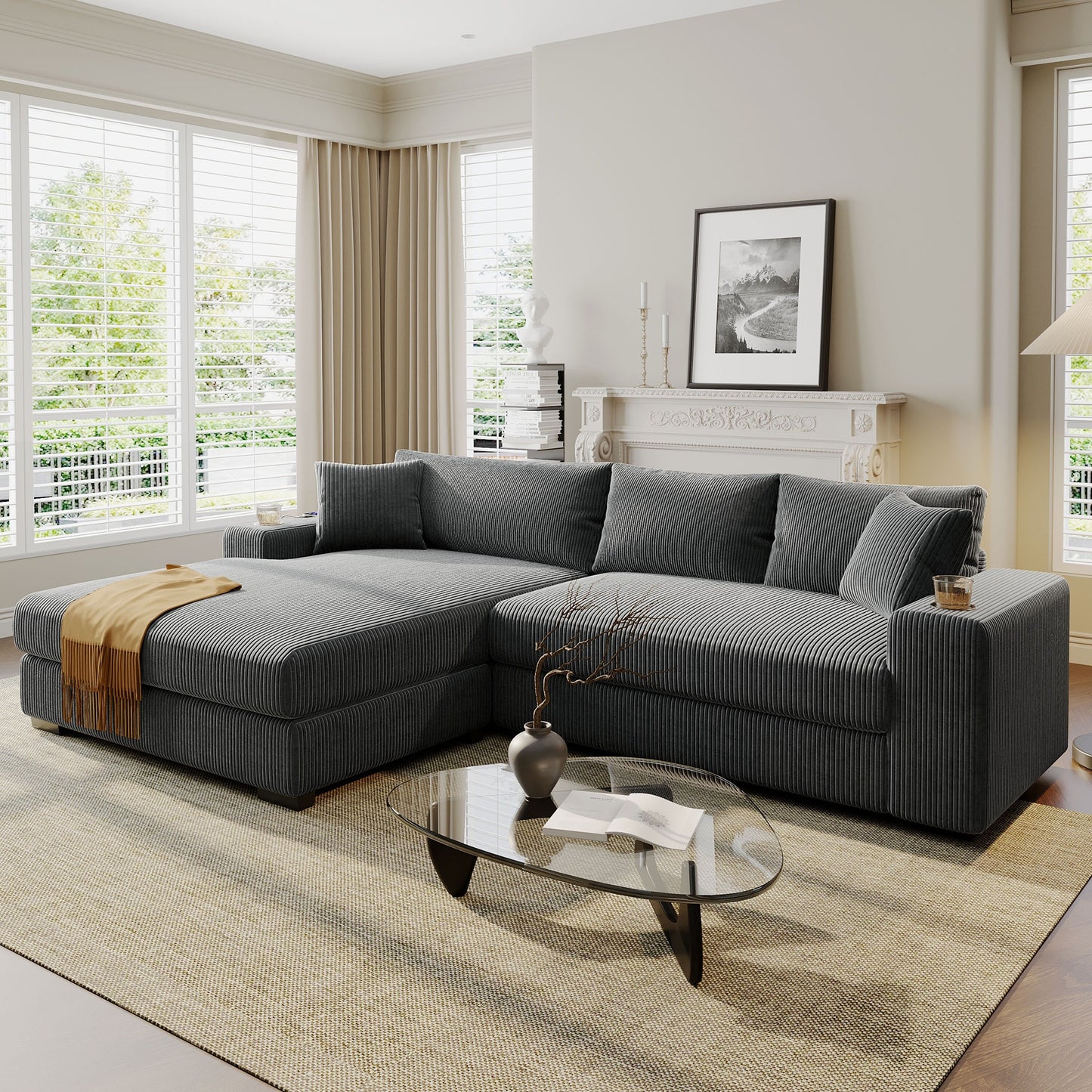 Canapé 3 places moderne et surdimensionné avec porte-gobelets et ports de chargement USB, coussins épais pour le salon