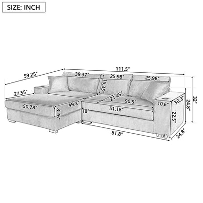 Canapé 3 places moderne et surdimensionné avec porte-gobelets et ports de chargement USB, coussins épais pour le salon