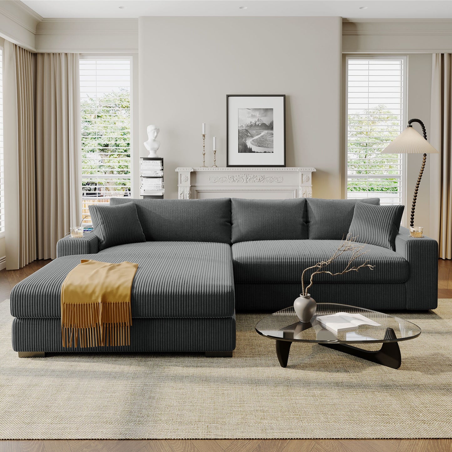Canapé 3 places moderne et surdimensionné avec porte-gobelets et ports de chargement USB, coussins épais pour le salon