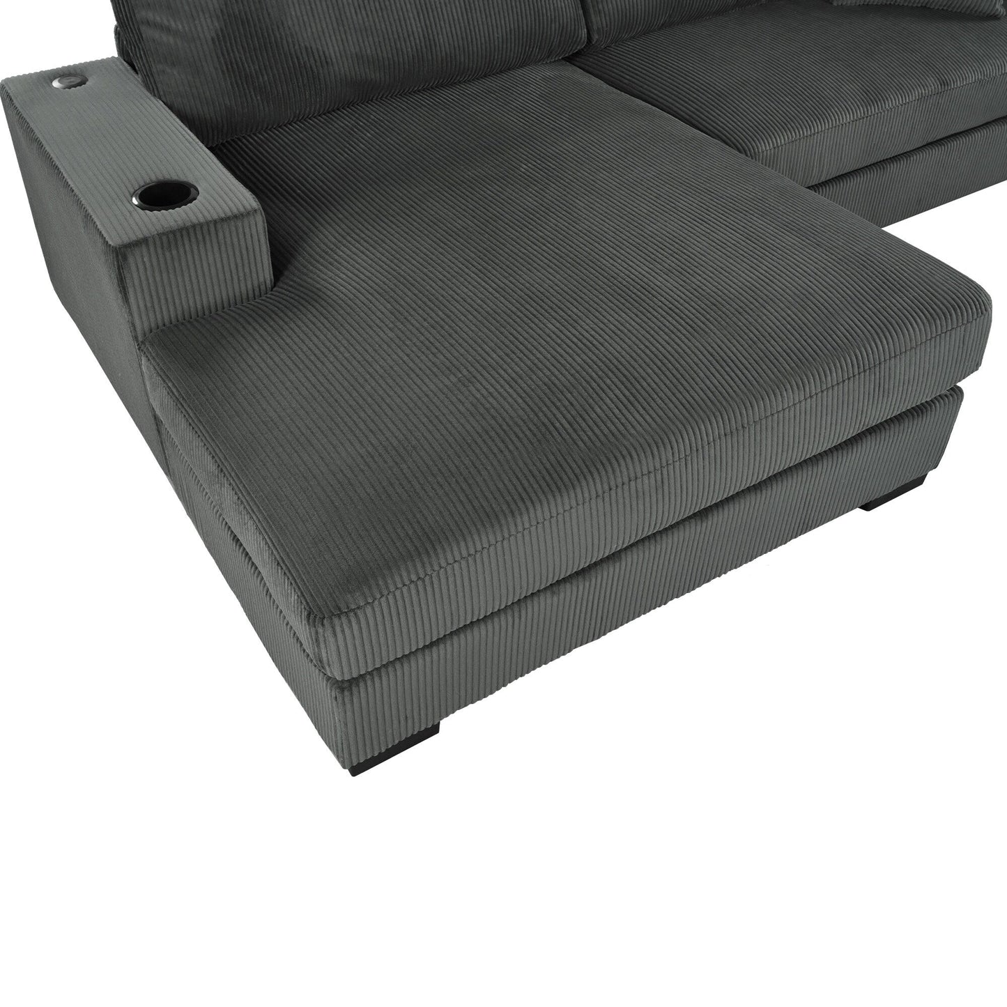 Canapé 3 places moderne et surdimensionné avec porte-gobelets et ports de chargement USB, coussins épais pour le salon