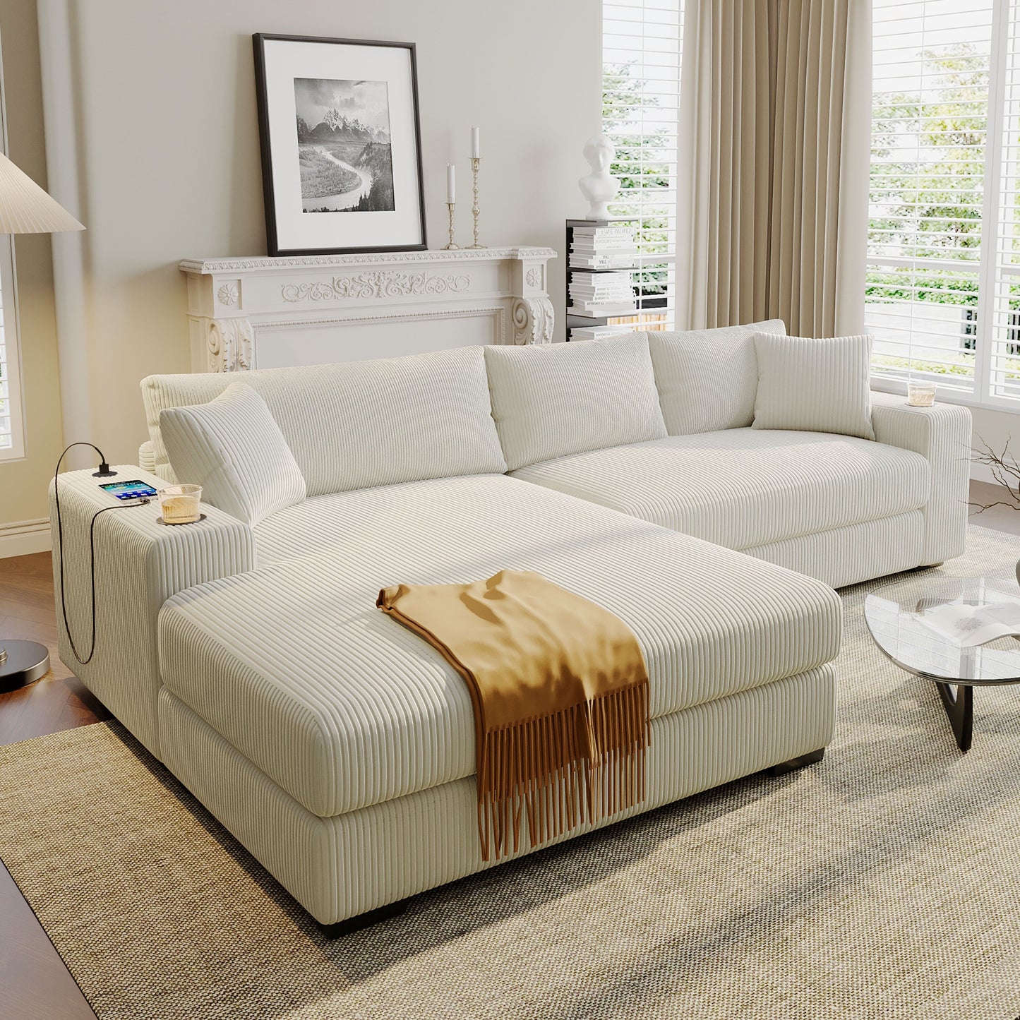 Canapé 3 places moderne et surdimensionné avec porte-gobelets et ports de chargement USB, coussins épais pour le salon
