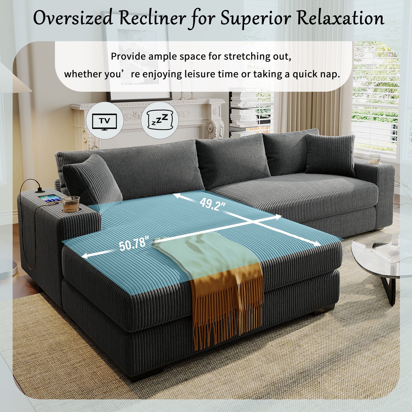 Canapé 3 places moderne et surdimensionné avec porte-gobelets et ports de chargement USB, coussins épais pour le salon