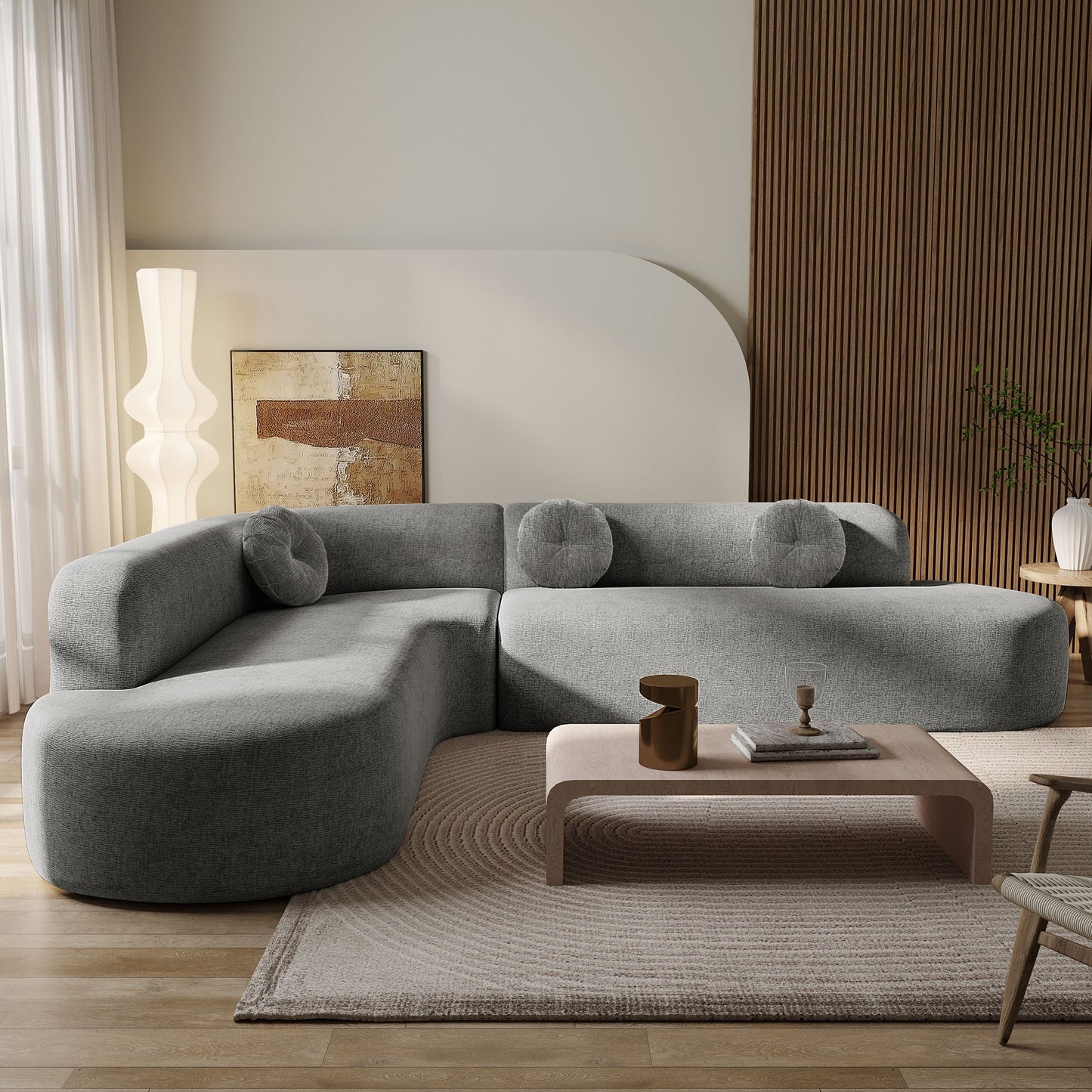 Canapé sectionnel incurvé surdimensionné moderne 4 places avec 3 coussins ronds pour le salon