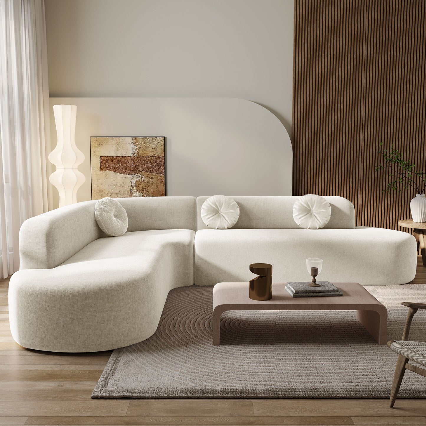 Canapé sectionnel incurvé surdimensionné moderne 4 places avec 3 coussins ronds pour le salon