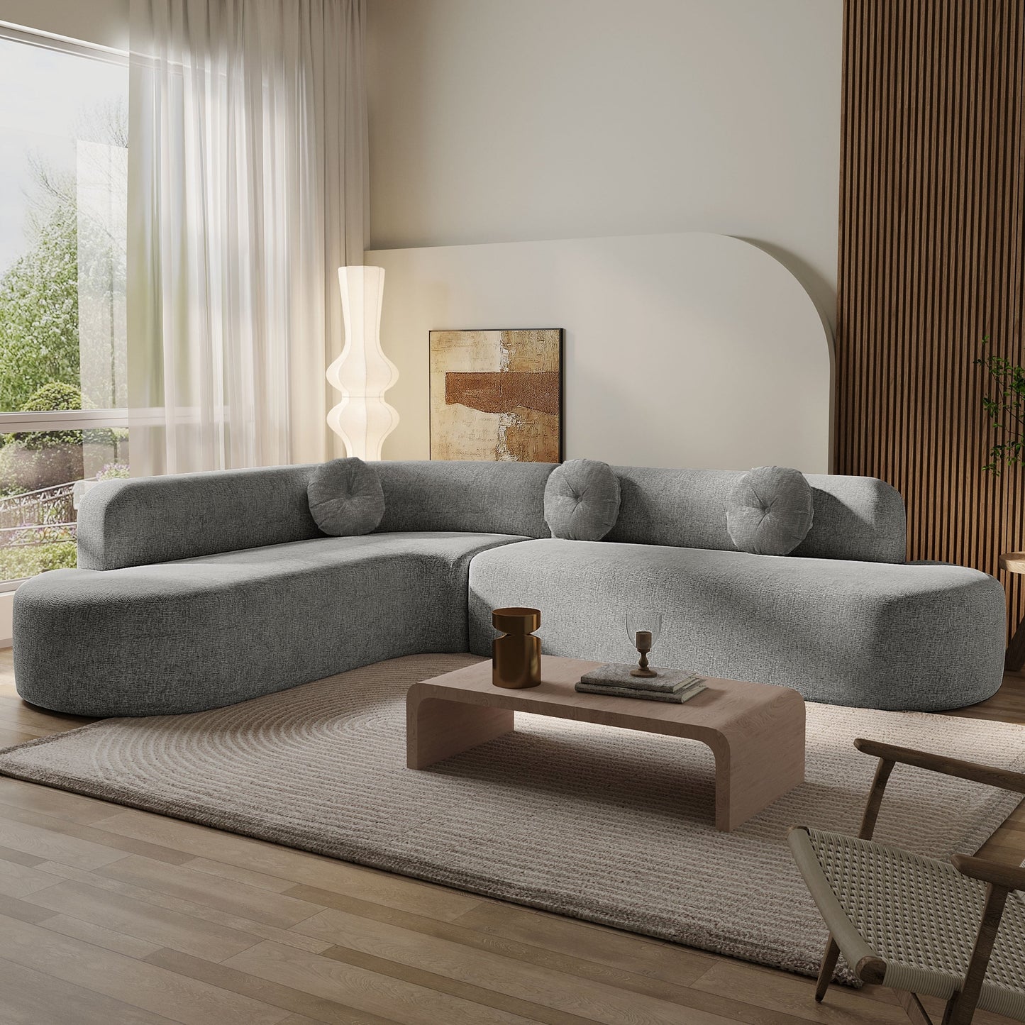 Canapé sectionnel incurvé surdimensionné moderne 4 places avec 3 coussins ronds pour le salon