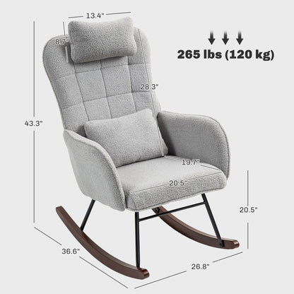 Fauteuil berçant moderne rembourré pour chambre d'enfant, avec dossier haut, appui-tête et coussin lombaire, idéal pour le salon ou la chambre à coucher.
