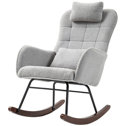 Fauteuil berçant moderne rembourré pour chambre d'enfant, avec dossier haut, appui-tête et coussin lombaire, idéal pour le salon ou la chambre à coucher.