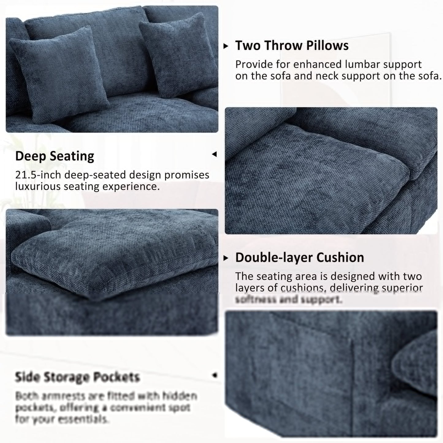 Canapé modulaire Cloud en chenille avec coussins double épaisseur, rangement latéral et oreillers assortis pour le salon