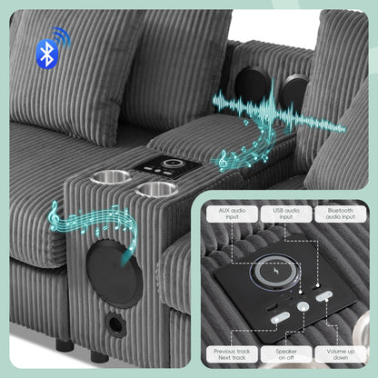 Canapé d'angle modulaire en velours côtelé avec haut-parleurs Bluetooth, ports de charge, porte-gobelets, rangement et pouf pour le salon