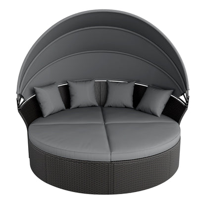 Ensemble canapé d'angle rond Nuon 4 pièces en résine tressée noire avec auvent rétractable par Havenside Home
