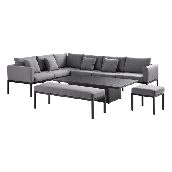 Ensemble de salle à manger d'angle Calabasas, grand format, en tissu et aluminium, avec table relevable, gris foncé