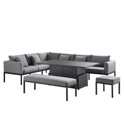 Ensemble de salle à manger d'angle Calabasas, grand format, en tissu et aluminium, avec table relevable, gris foncé