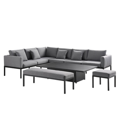 Ensemble de salle à manger d'angle Calabasas, grand format, en tissu et aluminium, avec table relevable, gris foncé
