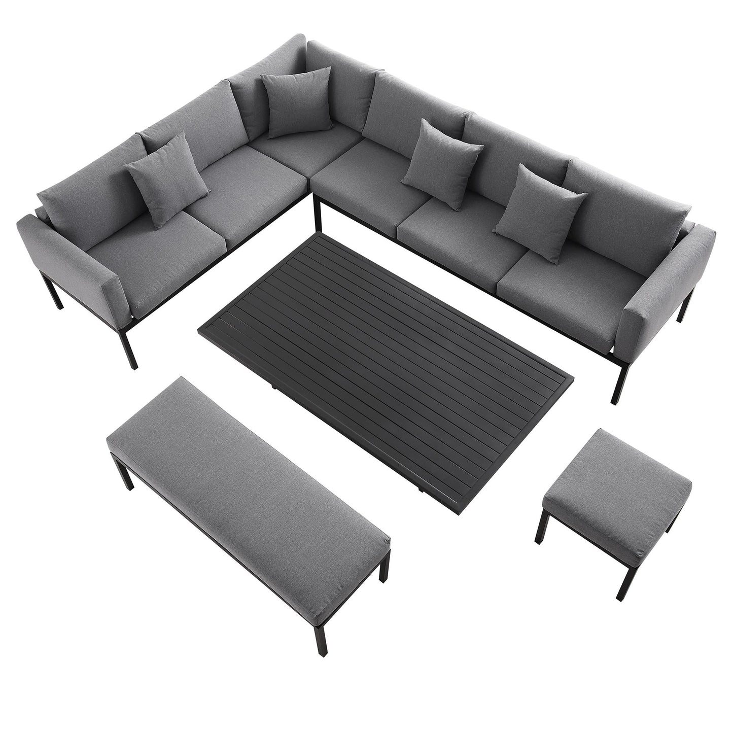 Ensemble de salle à manger d'angle Calabasas, grand format, en tissu et aluminium, avec table relevable, gris foncé