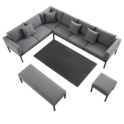 Ensemble de salle à manger d'angle Calabasas, grand format, en tissu et aluminium, avec table relevable, gris foncé