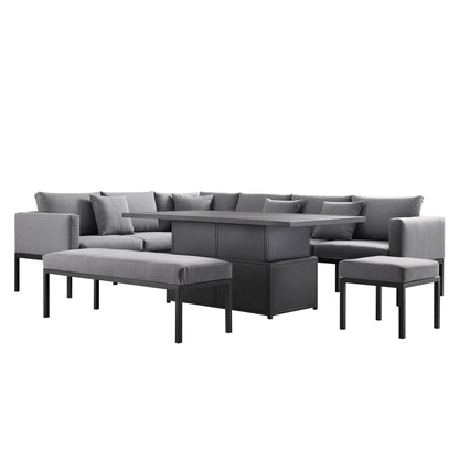 Ensemble de salle à manger d'angle Calabasas, grand format, en tissu et aluminium, avec table relevable, gris foncé