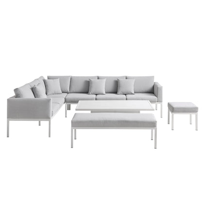 Ensemble de salle à manger d'angle Calabasas, grand format, en tissu et aluminium, avec table relevable, gris clair