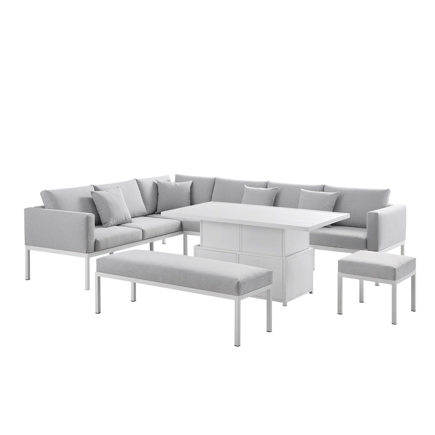 Ensemble de salle à manger d'angle Calabasas, grand format, en tissu et aluminium, avec table relevable, gris clair