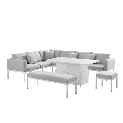 Ensemble de salle à manger d'angle Calabasas, grand format, en tissu et aluminium, avec table relevable, gris clair