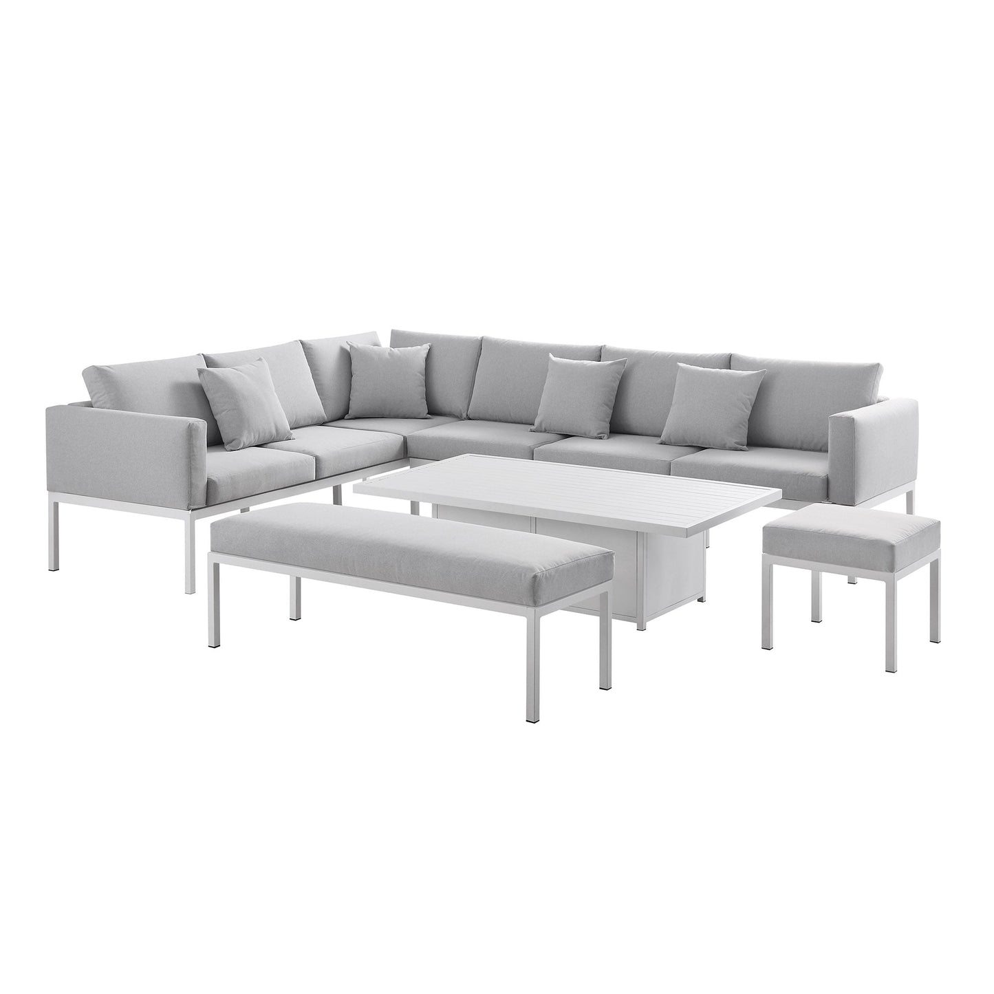 Ensemble de salle à manger d'angle Calabasas, grand format, en tissu et aluminium, avec table relevable, gris clair
