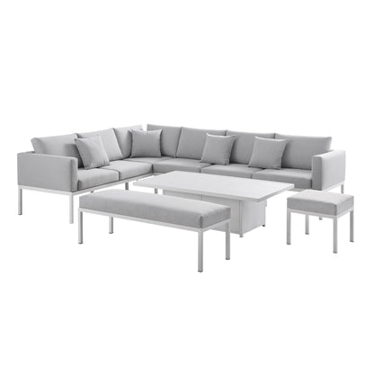 Ensemble de salle à manger d'angle Calabasas, grand format, en tissu et aluminium, avec table relevable, gris clair
