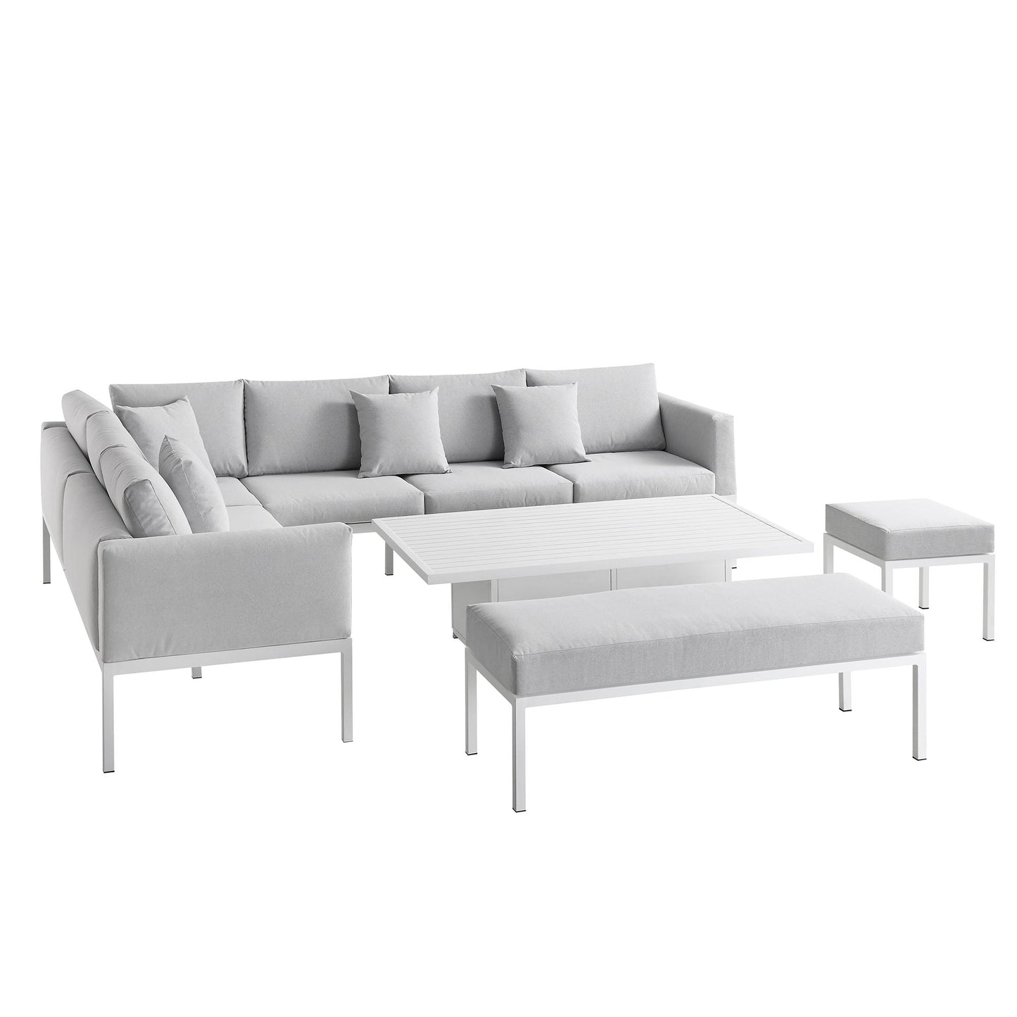 Ensemble de salle à manger d'angle Calabasas, grand format, en tissu et aluminium, avec table relevable, gris clair