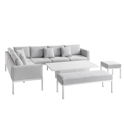 Ensemble de salle à manger d'angle Calabasas, grand format, en tissu et aluminium, avec table relevable, gris clair