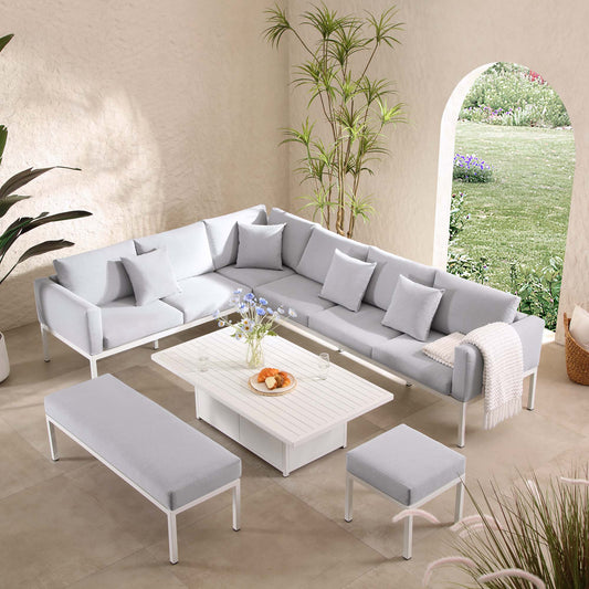 Ensemble de salle à manger d'angle Calabasas, grand format, en tissu et aluminium, avec table relevable, gris clair