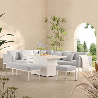 Ensemble de salle à manger d'angle Calabasas, grand format, en tissu et aluminium, avec table relevable, gris clair