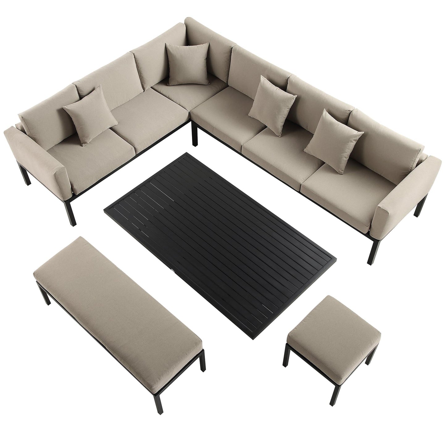 Ensemble de salle à manger d'angle décontracté Calabasas, grand, en tissu et aluminium, avec table relevable, couleur taupe