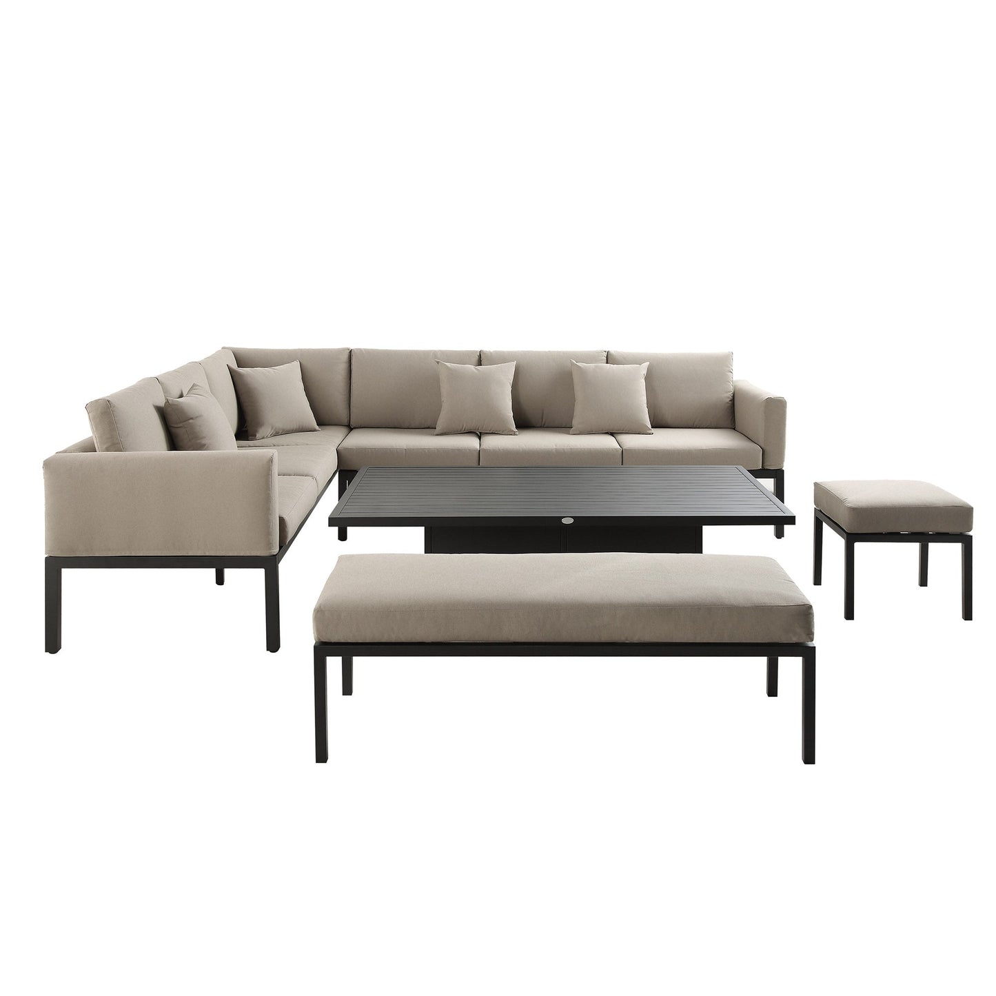 Ensemble de salle à manger d'angle décontracté Calabasas, grand, en tissu et aluminium, avec table relevable, couleur taupe