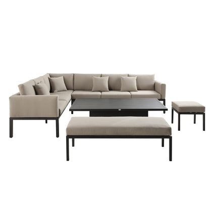 Ensemble de salle à manger d'angle décontracté Calabasas, grand, en tissu et aluminium, avec table relevable, couleur taupe